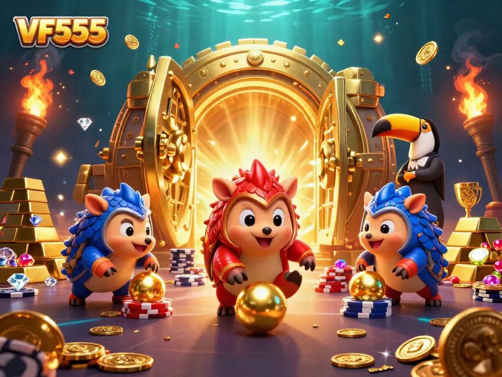 A dynamic scene featuring VF555 pangolins bowling through poker chips, showcasing vibrant casino elements.