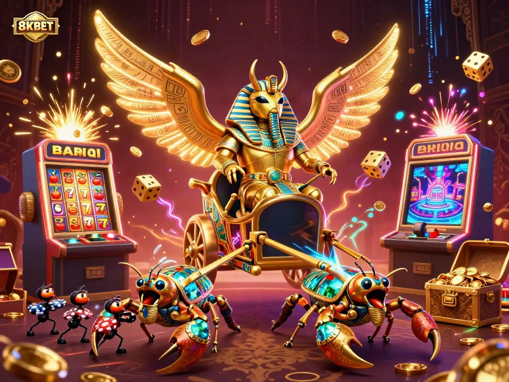 Engage with 8KBET's vibrant 3D casino scene showcasing a golden beetle and dynamic gaming elements.