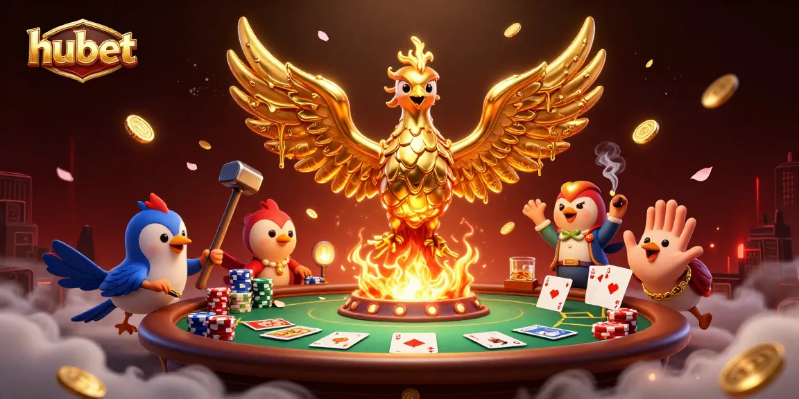 Experience winning moments at hubet with a dynamic illustration showcasing exciting poker elements and a golden phoenix.