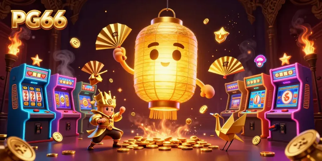 Engage with PG66's casino offerings illustrated through a dynamic scene featuring golden lantern spirits.
