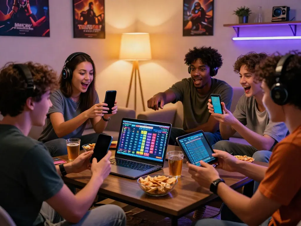 Friends enjoying a bandar togel game together online in a cozy living room.
