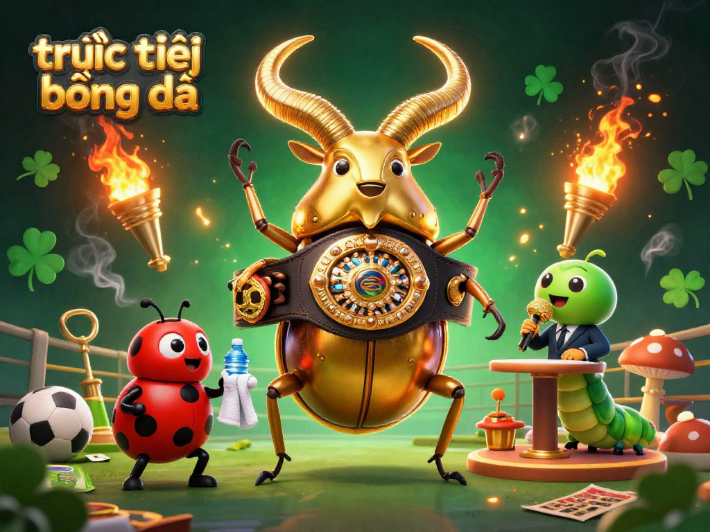 Engage in trực tiếp bóng đá with a lively 3D illustration featuring a boxing beetle and sports elements.