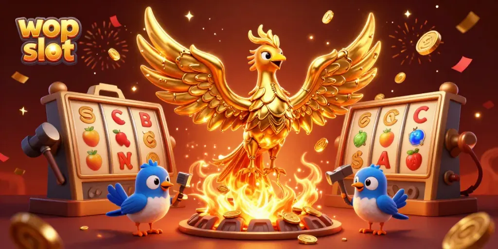 Menangkan di wop slot dengan gambar phoenix emas yang meneteskan koin sambil memainkan slot gacor.