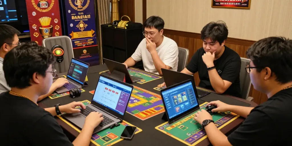 Suasana permainan Bandar Togel yang meriah dengan pemain beragam di sekitar meja permainan dan perangkat digital.