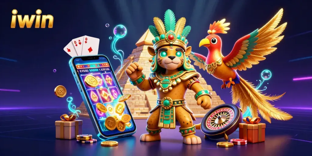 Engage with iwin's vibrant gaming scene featuring a mayan jaguar priest, slot games, and dynamic casino elements.