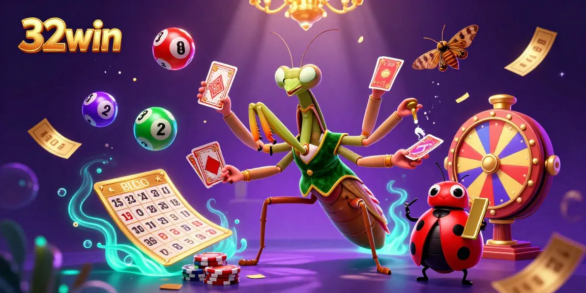Experience the excitement of 32win with vibrant lottery elements and engaging characters in this immersive casino illustration.