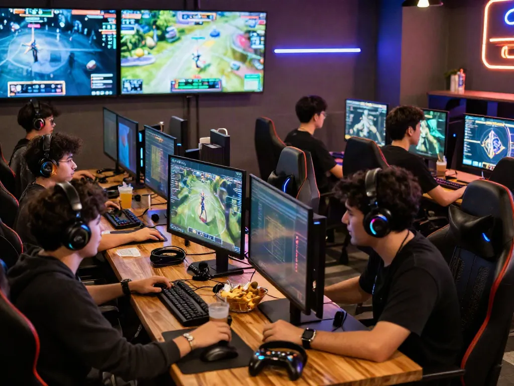 Social gaming scene at a digital café showcasing warung168's vibrant community.