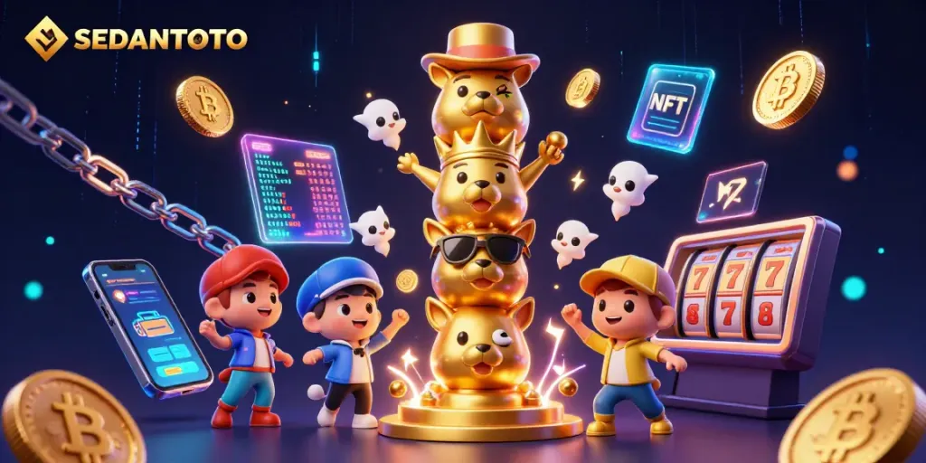 Spin the reels at SEDANTOTO with a vibrant 3D illustration showcasing winning slots elements and crypto coins.