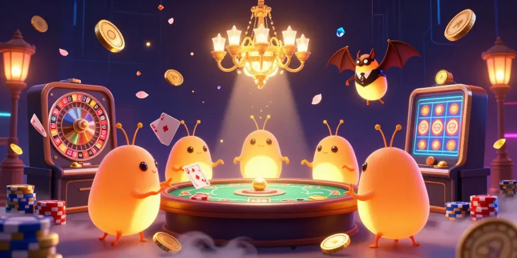 Experience the thrill of uy88's vibrant casino world with glowworms illuminating games, coins, and cards.