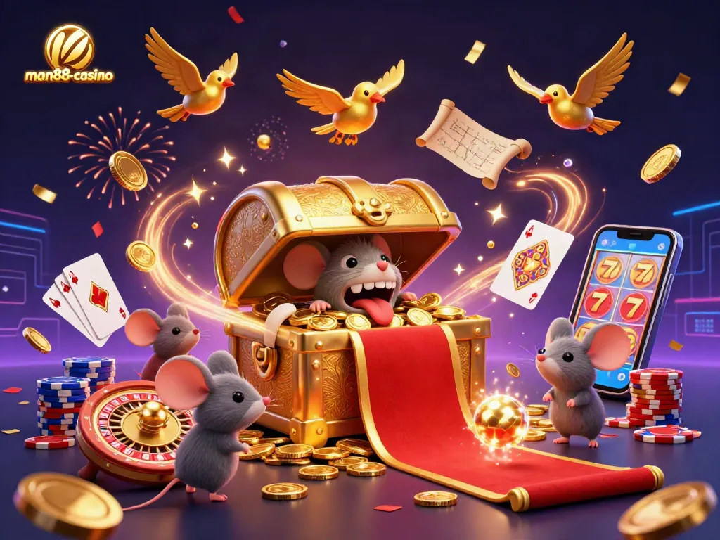 Experience thrilling gameplay at man88-casino with vibrant treasure-themed visuals and dynamic casino elements.