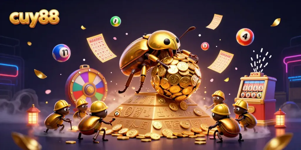 Cuy88 brings vibrant energy with golden beetles and lottery elements in an engaging casino scene.