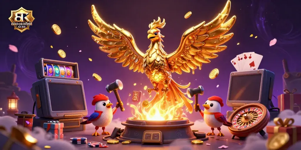 Engage with the rich scene showcasing nhà cái uy tín là gì, featuring a molten golden phoenix and gaming elements.