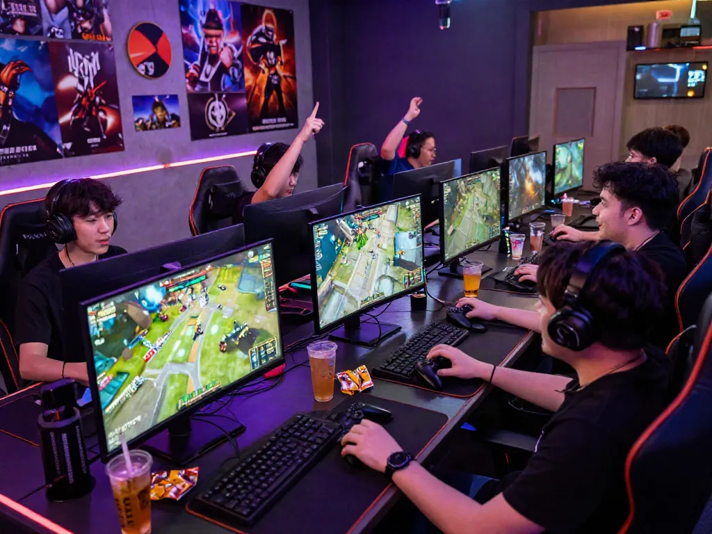 Enthusiastic gamers engaged in istana404 gaming session with high-tech setup.