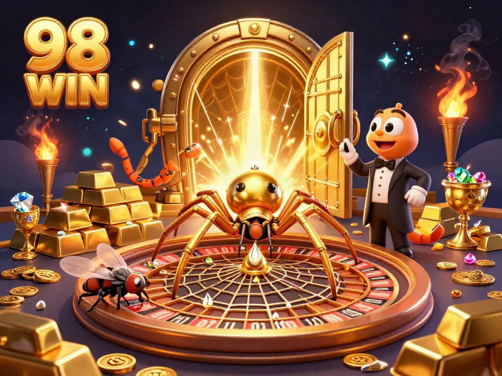 Join the excitement at 98 WIN with a golden spider spinning a roulette wheel web while a fly nervously bets.