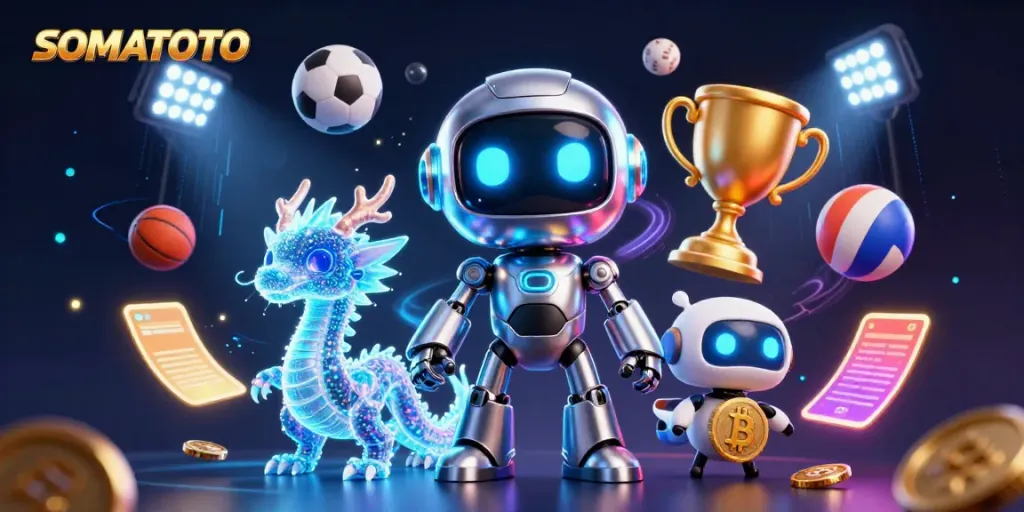 Experience the excitement of SOMATOTO with a vibrant 3D illustration of a cyberpunk robot and sports elements.