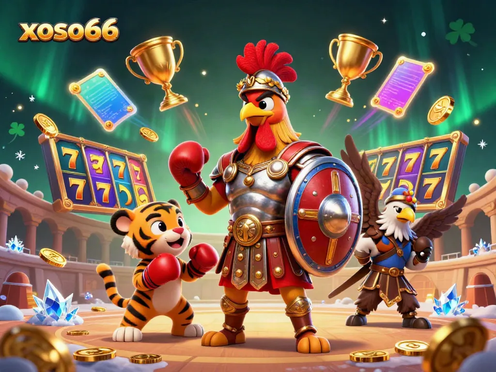 Experience excitement and victory at xoso66, with a lively scene featuring a gladiator rooster and gaming elements.