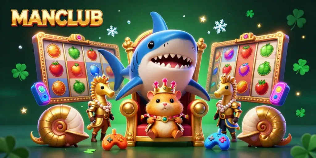 Experience the thrilling world of gaming with MANCLUB's vibrant scene of slot reels and royal gambling elements.