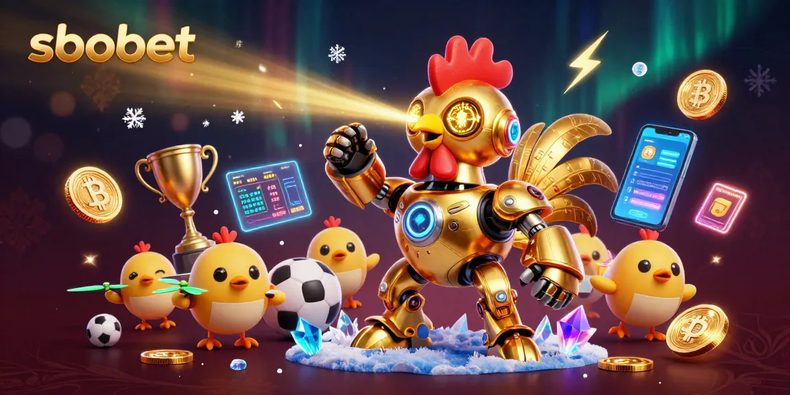 Engage in sbobet sports betting with a dynamic 3D illustration featuring a golden rooster robot and vibrant crypto elements.
