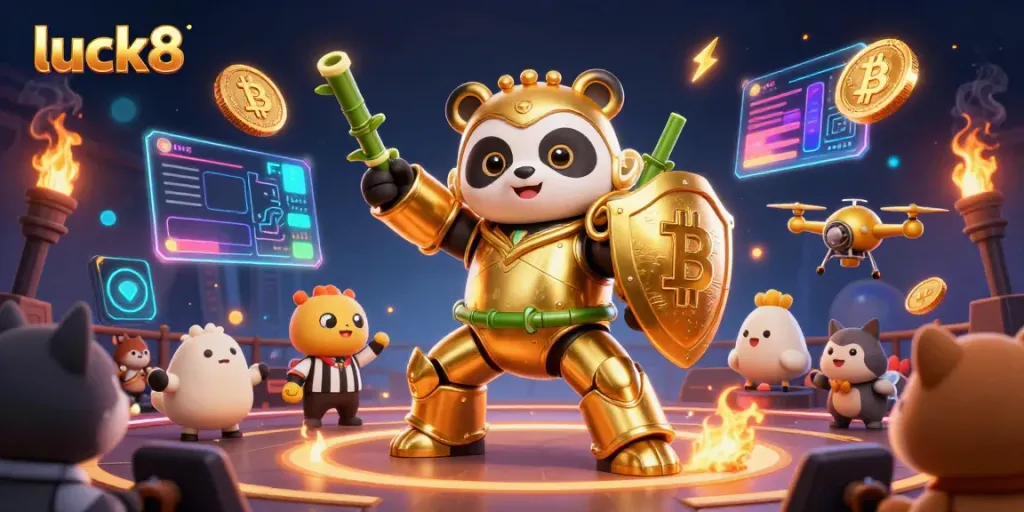 Engage with luck8's thrilling gaming environment featuring a mech-suit panda in a vibrant arena.