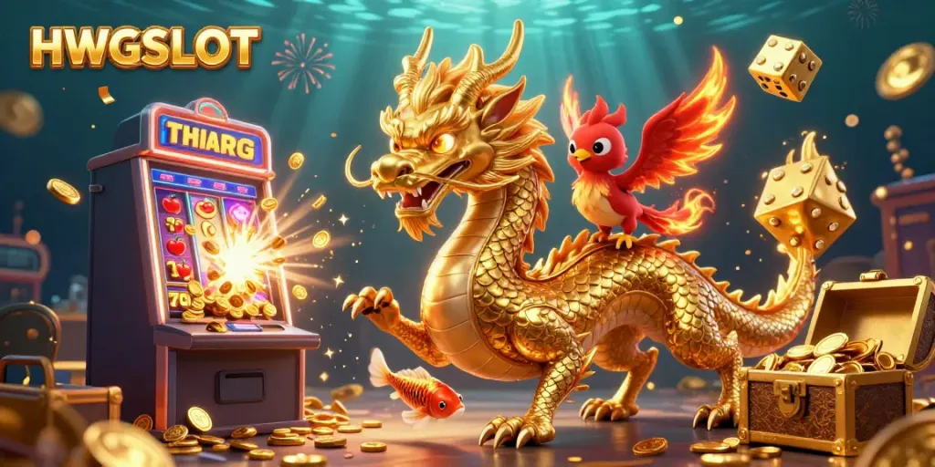 Experience thrilling gaming action with HWGSLOT's vibrant 3D illustration featuring a dragon, phoenix, and koi fish amidst a jackpot scene.