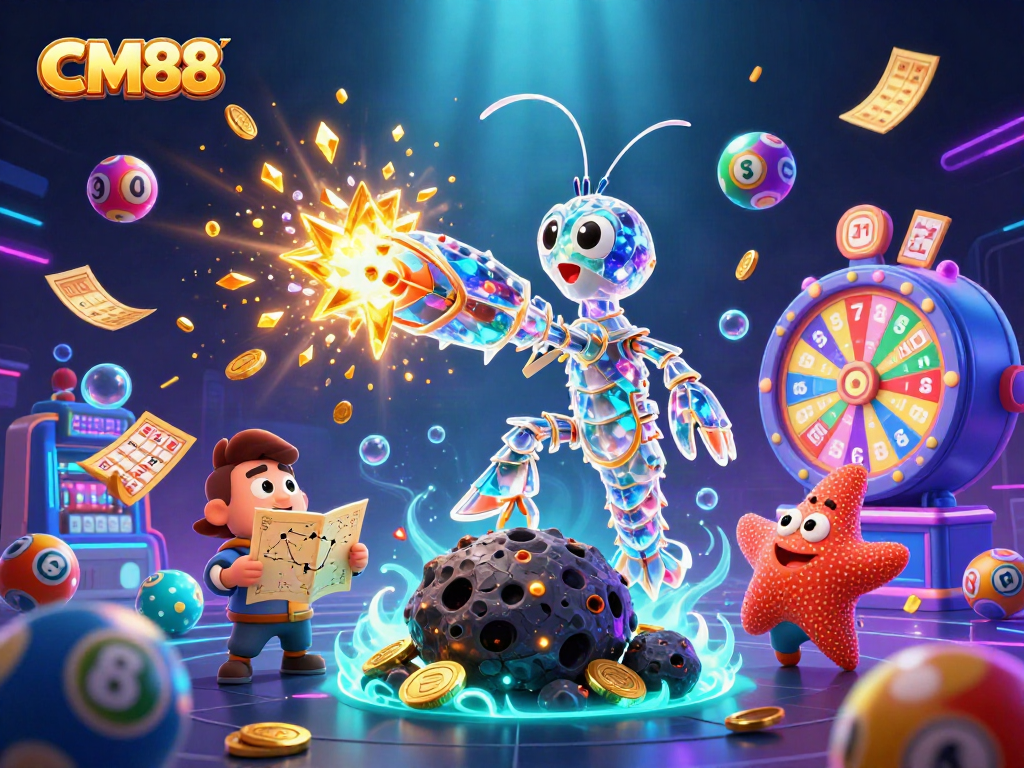 CM88 showcases 3D galactic samurai mantis shrimp amidst vibrant lottery elements in an immersive illustration.