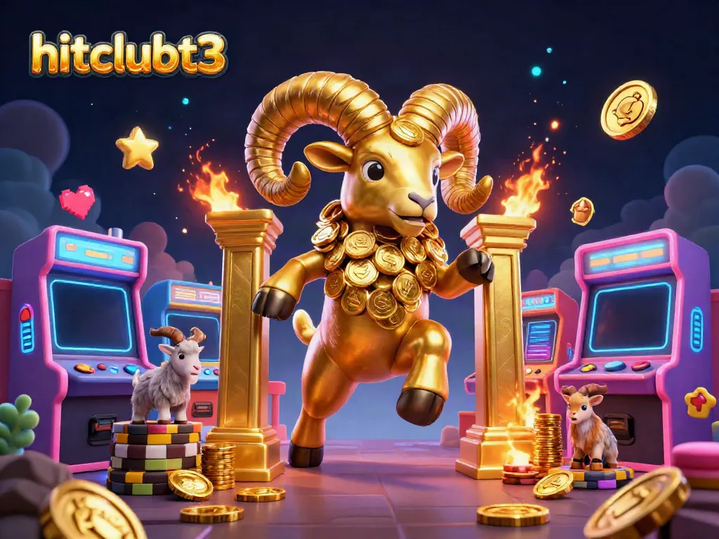 Experience excitement with hitclubt3's golden ram charging through a dazzling casino-themed scene.