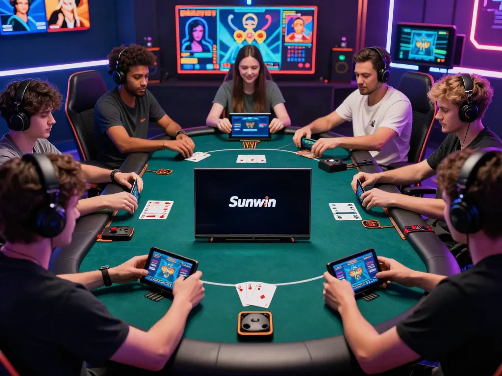Dynamic gaming scene from https://sunwint4.com/ showcasing players enjoying live poker with Sunwin logo.