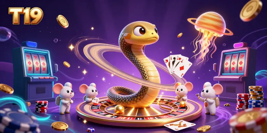 Experience T19's thrilling gameplay with a 3D cartoon scene featuring a Saturn ring snake and astronaut mice in action.