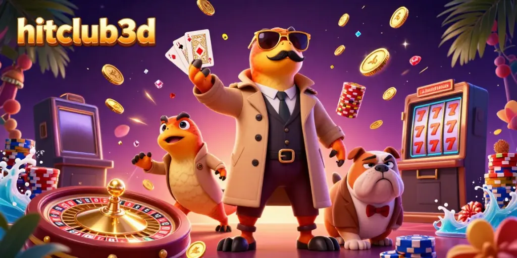 Three playful raptors in a trench coat approach the VIP lounge at hitclub3d, surrounded by casino excitement.