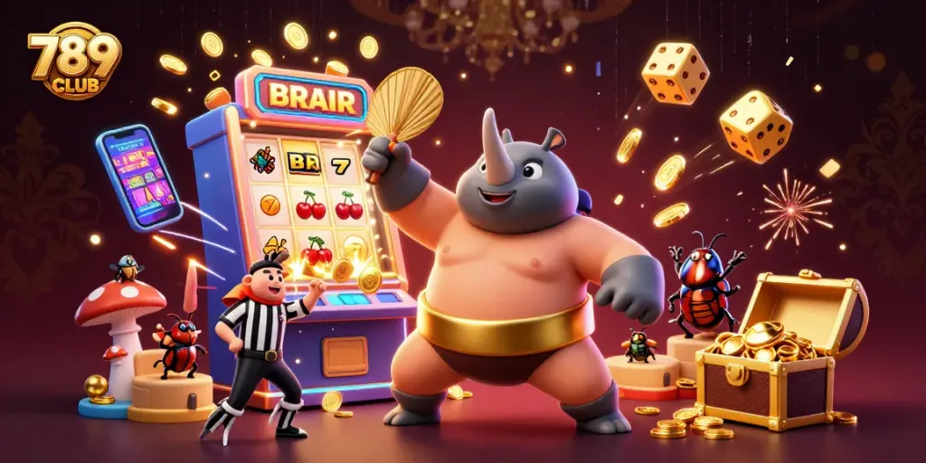 Engage in thrilling gameplay at 789CLUB with dynamic 3D slot elements and vibrant casino illustrations.