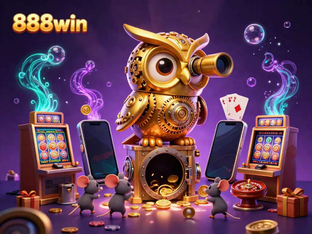 Experience the vibrant 888win casino scene with immersive golden owl and dynamic gaming elements.