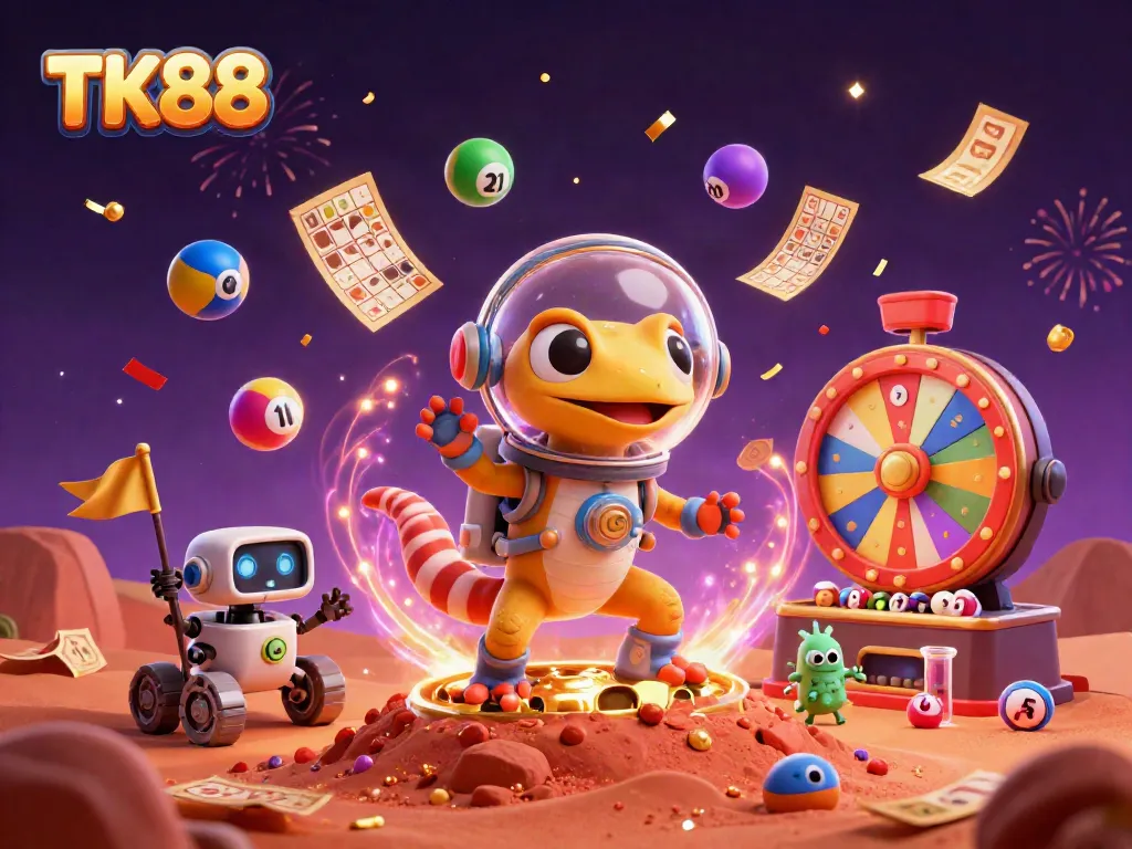 Experience thrilling gaming with TK88's vibrant 3D Martian illustration showcasing a casino adventure.