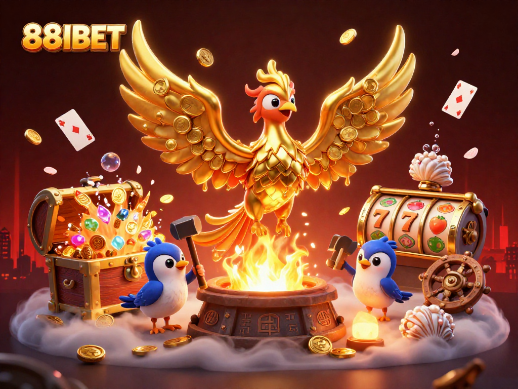 88IBET features a molten golden phoenix surrounded by dynamic casino elements, perfect for gamers.