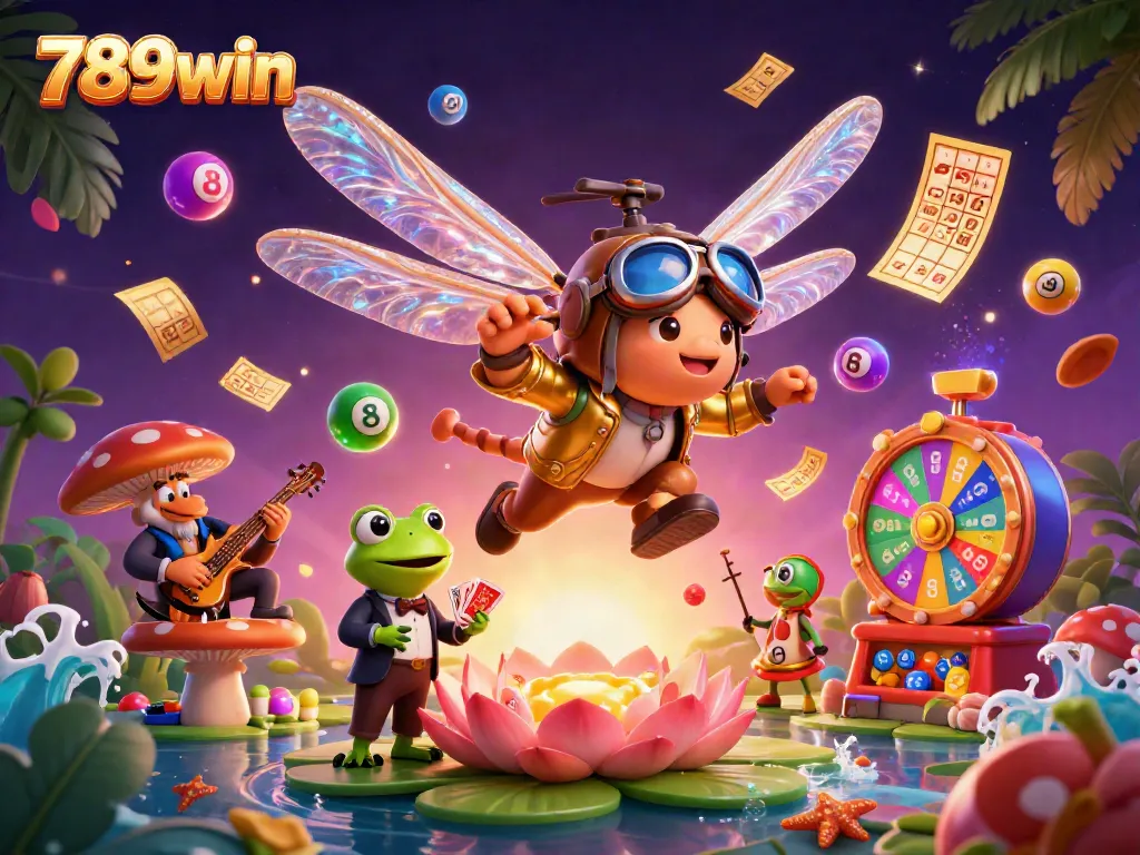 Engage in vibrant games with 789win in this animated casino scene featuring a dragonfly pilot and frog croupier.