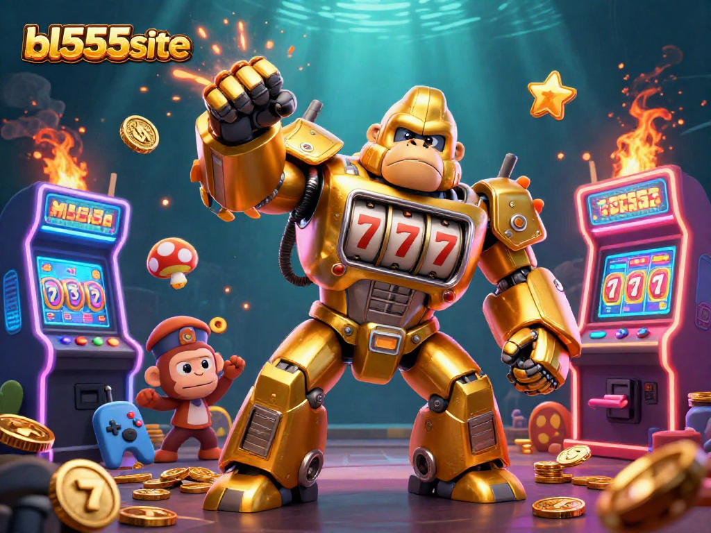 Experience the excitement of winning with bl555site in this vibrant 3D casino illustration of a golden gorilla mech.