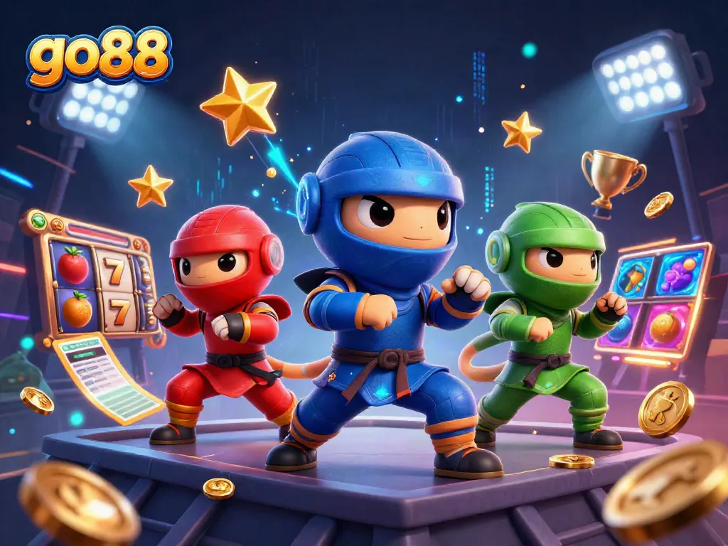 Experience the thrill of go88 with a dynamic scene of ninja chameleons and slot machine elements electrifying the atmosphere.