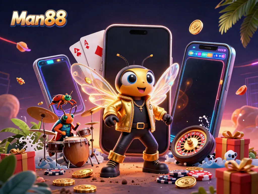 Engage with Man88's vibrant online casino world featuring a lively rock star insect ensemble amid a flurry of casino games.