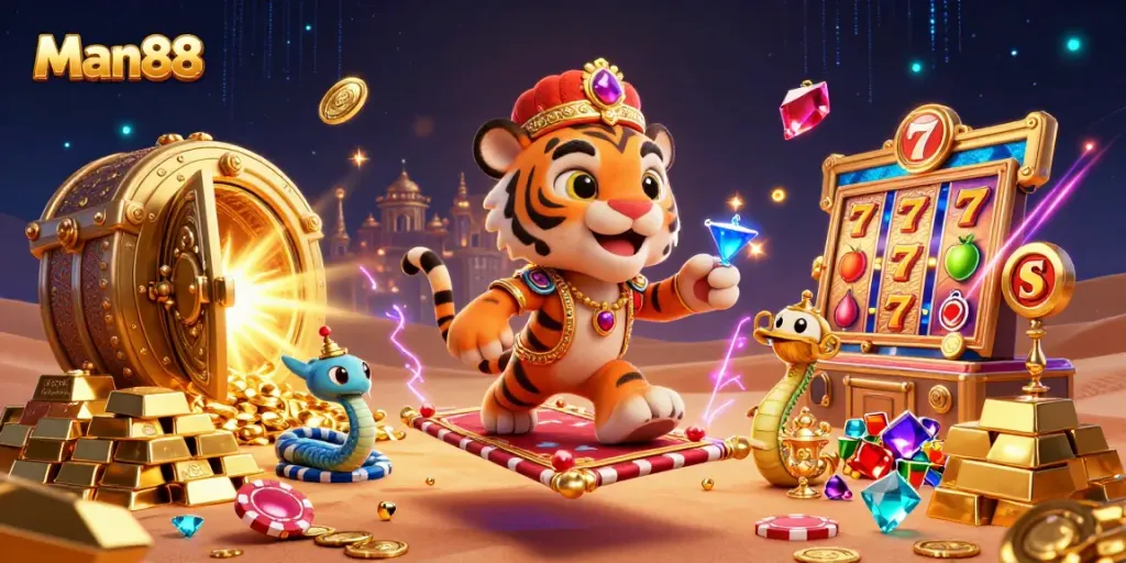Experience the excitement of Man88 with a vibrant Arabian-themed casino scene full of treasures and gaming elements.