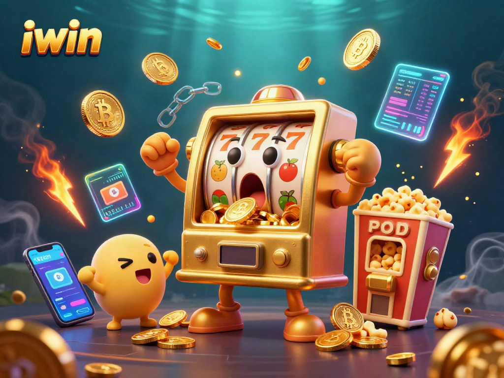 iwin slots showcase excitement as golden coins cascade from a joyful slot machine's mouth.