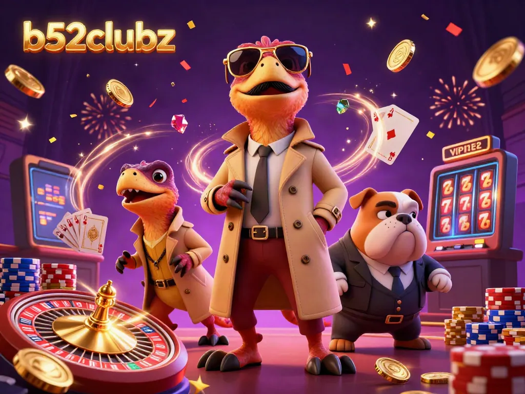 B52clubz raptors sneak into a VIP casino lounge, surrounded by coins, cards, and festive elements.