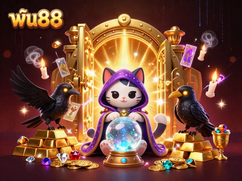 Experience the magic of ฟัน88 as the mystic cat reveals treasures in this captivating online casino illustration.