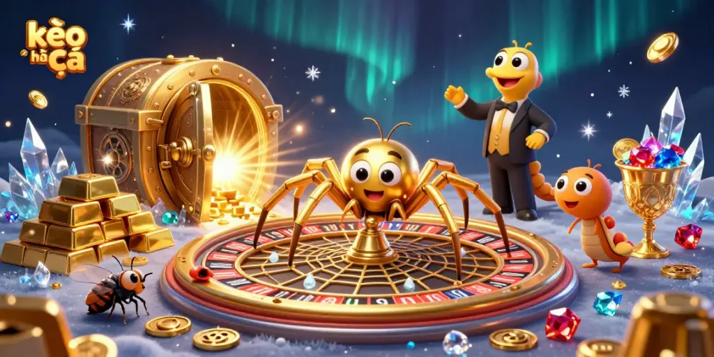 Engaging kèo nhà cái scene with a colorful golden spider and centipede croupier in a dynamic betting environment.