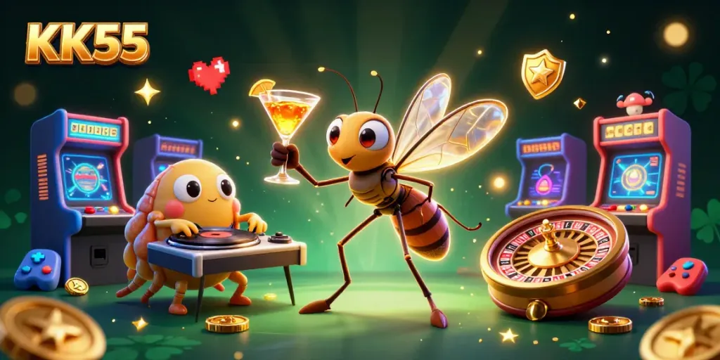 KK55 brings excitement with a vibrant casino scene featuring a frozen mosquito mascot and dynamic game elements.
