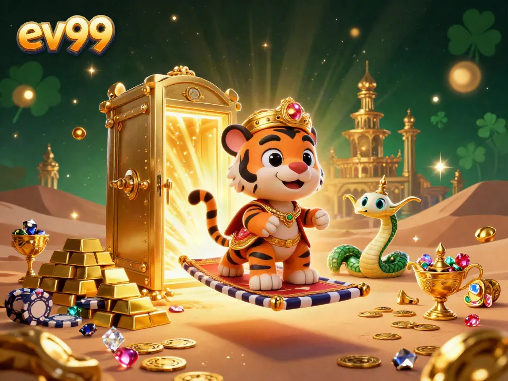 ev99 immersive online casino scene with a tiger sultan and treasure vault surrounded by jewels and gold.