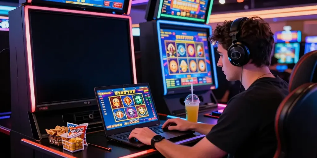 Exciting Slot777 gaming experience on a laptop at home, featuring jerukbet interface and vibrant graphics.