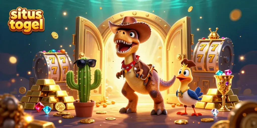 Engage in situs togel excitement with a lively 3D cartoon scene of a T-Rex, cactus, and roadrunner.