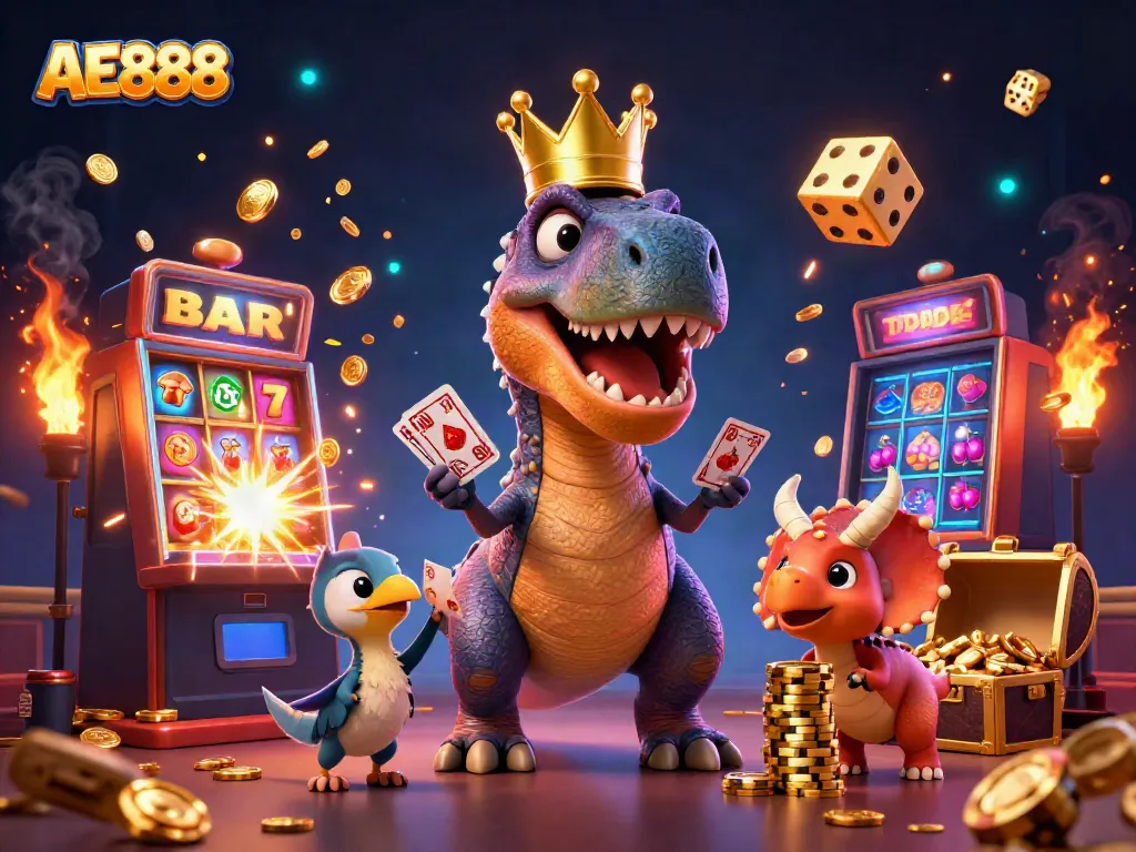 Engage with casino fun through AE888 featuring a friendly T-Rex, pterodactyl, and triceratops.
