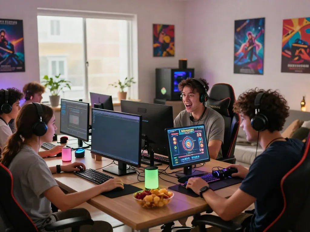 Players enjoying a slot gacor game in a vibrant gaming setup at home.