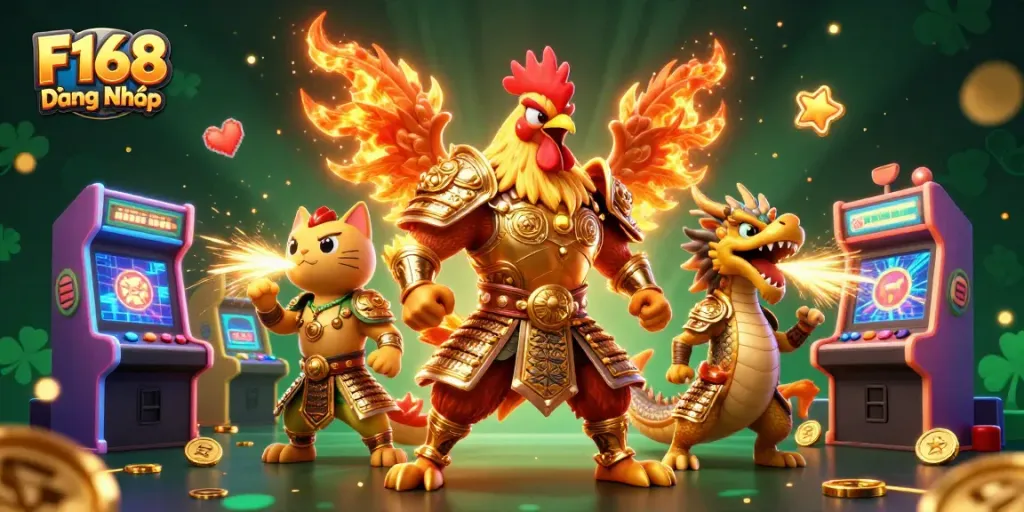 Engage with F168 Đăng Nhập in an immersive and dynamic casino scene featuring warriors and arcade elements.