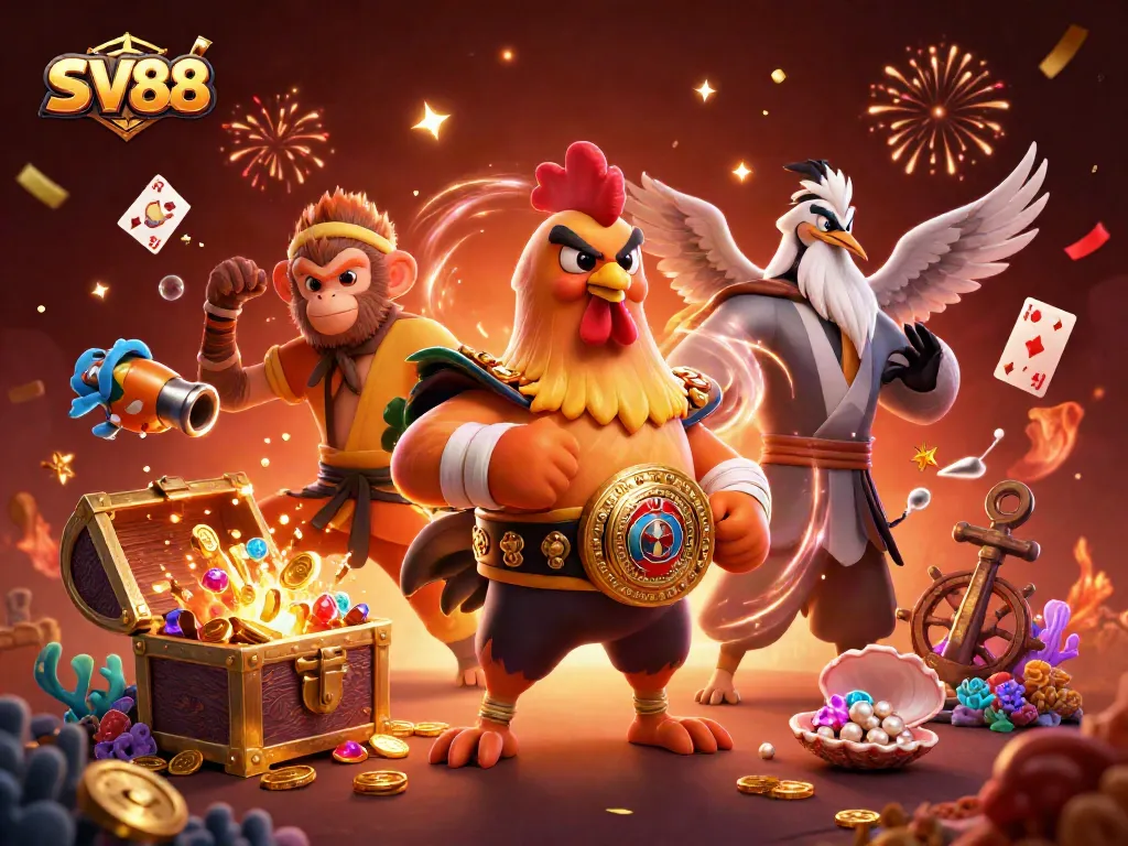 Play casino games with SV88 as a fierce rooster, a Shaolin monkey, and a wise crane in vibrant 3D.